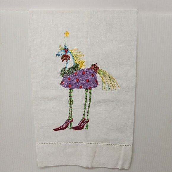 Patience Brewster Krinkles Christmas Horse Embroidered Holiday Tea Towel NWOT - Picture 2 of 3